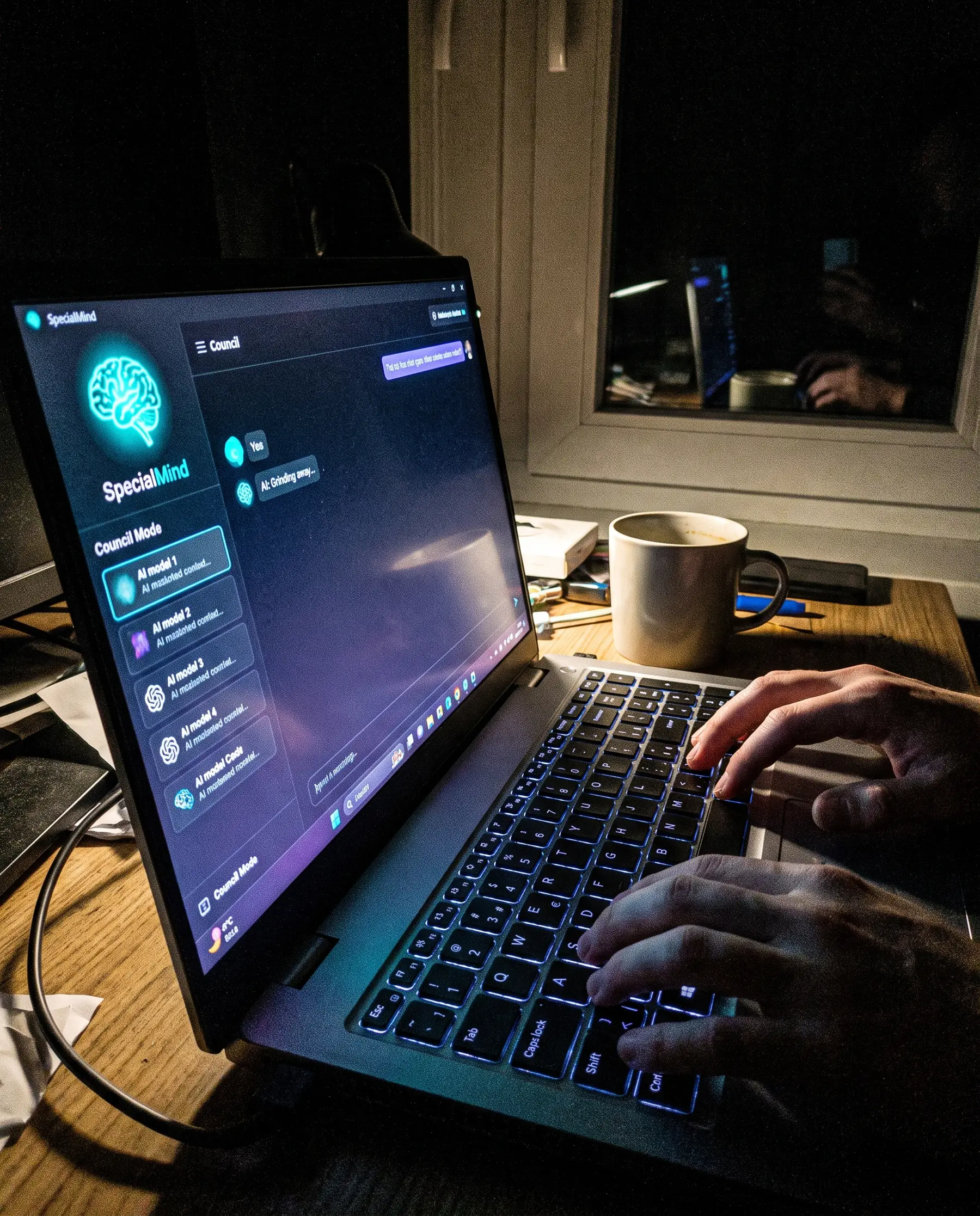 A dark room lit only by a screen running SpecialMind